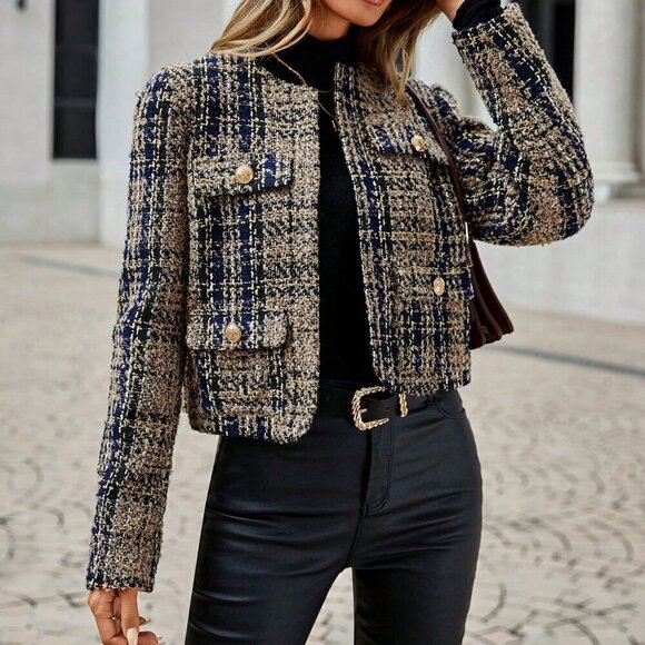 Multicolor Elegant Women's Plaid Pattern Flap Pocket Open Front Tweed Overcoat - Picture 5 of 5